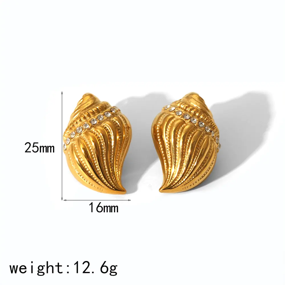 1 Pair Retro Vacation Style Conch Shape Stainless Steel 18K Gold Plated Inlay Rhinestone Women's Stud Earrings h5 Picture2